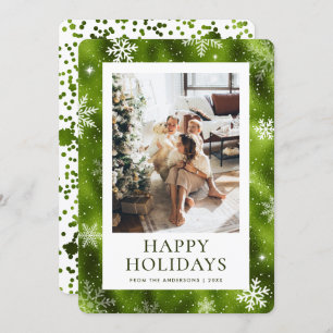 Green Happy Holidays Snowflake Snow Photo Holiday Card