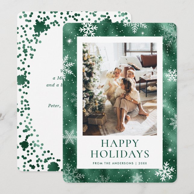 Green Happy Holidays Snowflake Snow Photo Holiday Card (Front/Back)