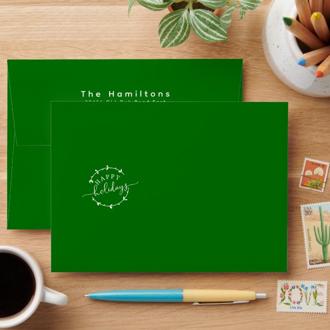 Green Happy Holidays Wreath | Return Address   Envelope (Desk)
