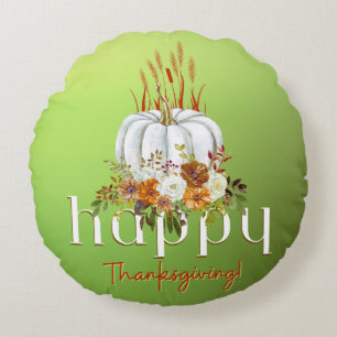 Green Happy Thanksgiving Autumn Floral Pumpkin Round Cushion