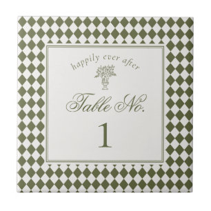 Green Harlequin Chequered Wedding Table Number Ceramic Tile