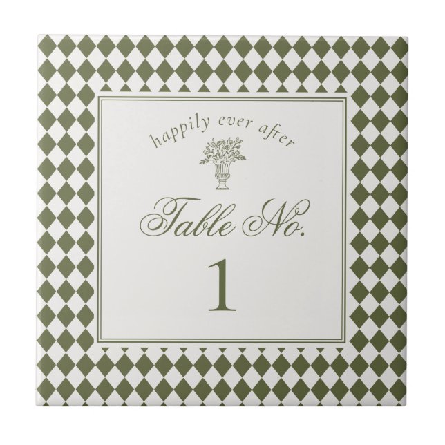 Green Harlequin Chequered Wedding Table Number Ceramic Tile (Front)