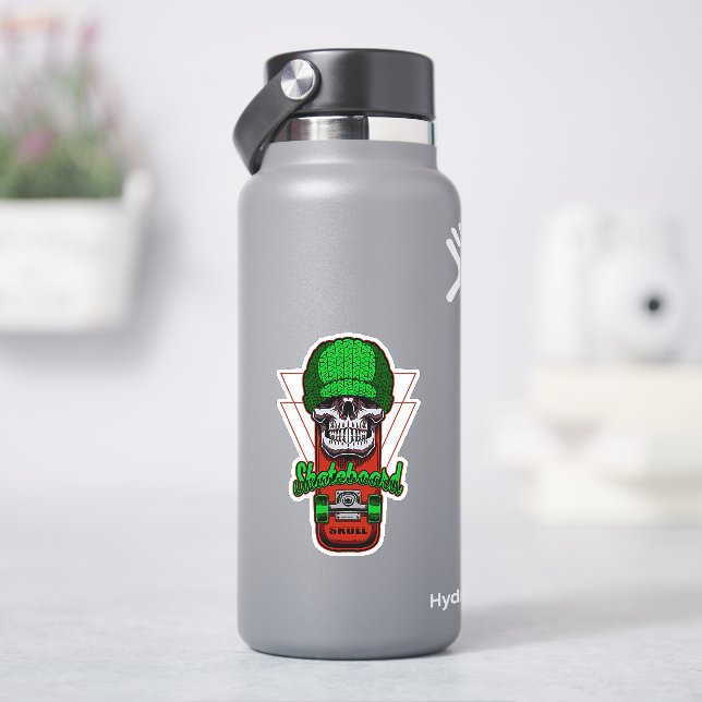 Green Hat Skull Brown Skateboard 4" Kiss Cut Vinyl (HydroFlask)