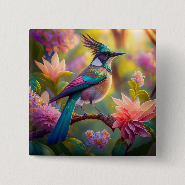 Green Headed Jay Fantasy Bird 15 Cm Square Badge (Front)