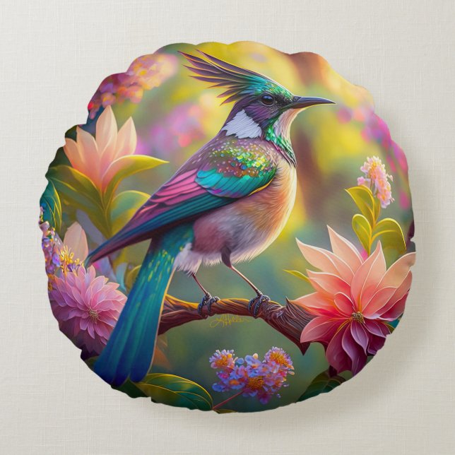 Green Headed Jay Fantasy Bird Round Cushion (Front)