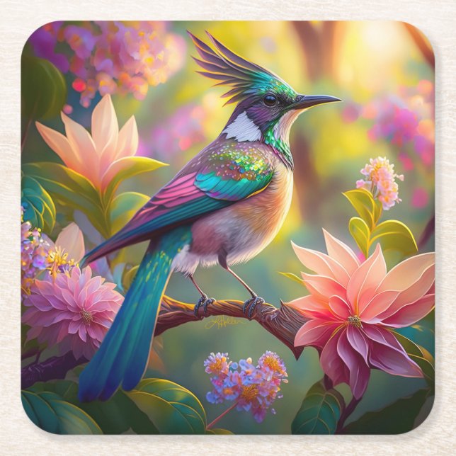 Green Headed Jay Fantasy Bird Square Paper Coaster (Front)