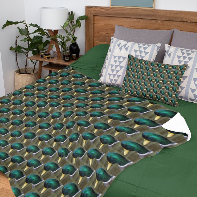 Green Headed Mallard Duck Pattern Fleece Blanket (In Situ Bed)