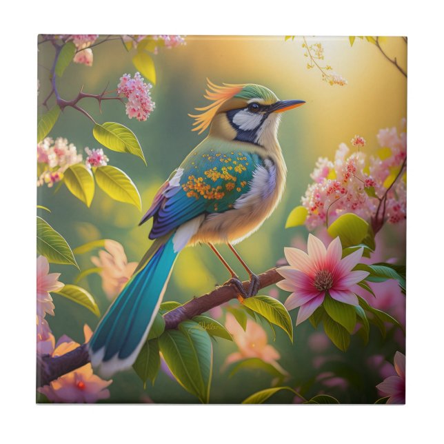 Green Headed Teal Winged Fantasy Bird Ceramic Tile (Front)