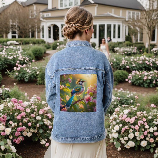 Green Headed Teal Winged Fantasy Bird Denim Jacket (Wedding Back)