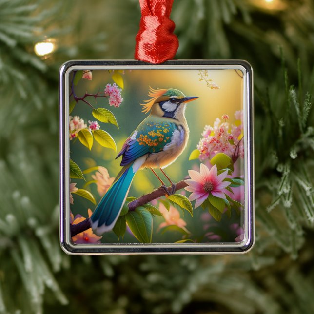 Green Headed Teal Winged Fantasy Bird Metal Ornament (Tree)