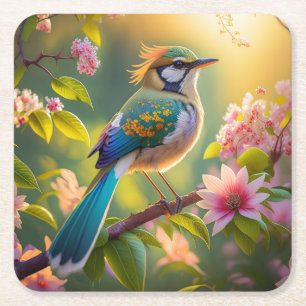 Green Headed Teal Winged Fantasy Bird Square Paper Coaster