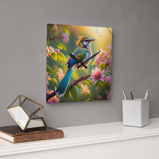 Green Headed Teal Winged Fantasy Bird Square Wall Clock (Office)