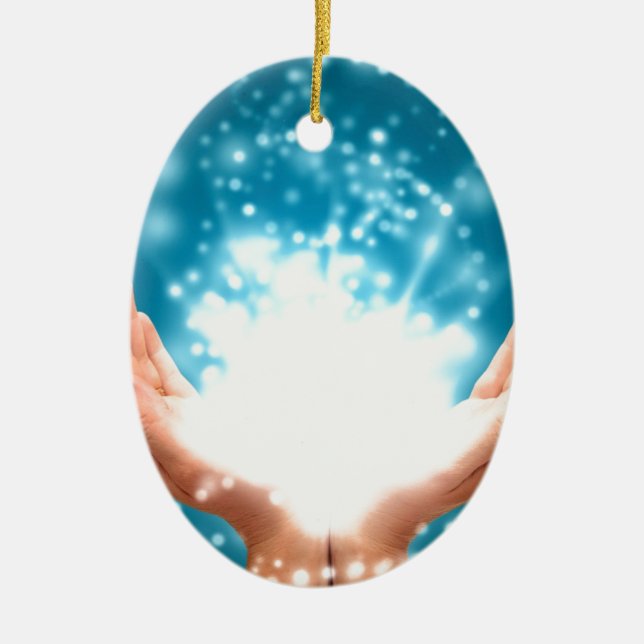 Green healing hands chakra Reiki energy zen yoga Ceramic Ornament (Front)