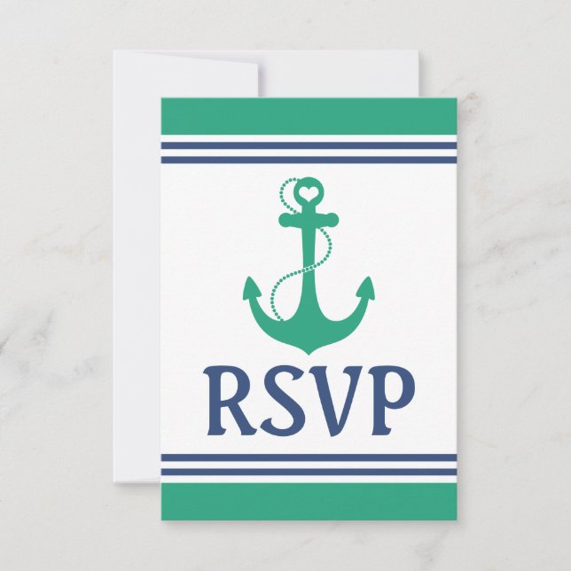 Green Heart Anchor Monogram Wedding RSVP Card (Front)