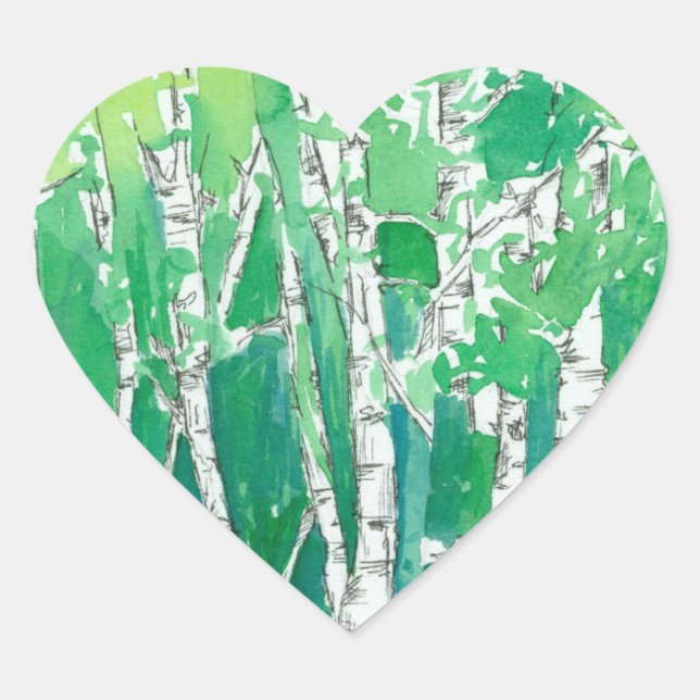 Green Heart Aspen Trees Pen and Ink Art Heart Sticker (Front)
