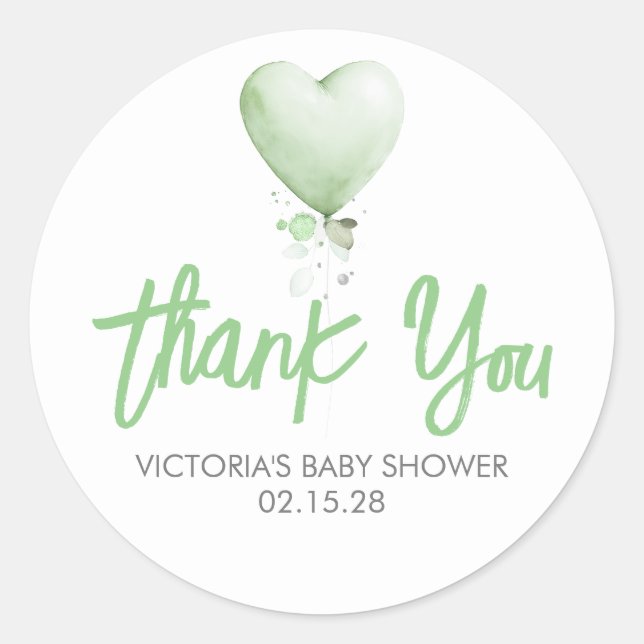 Green Heart Balloon Baby Shower Thank You Classic Round Sticker (Front)