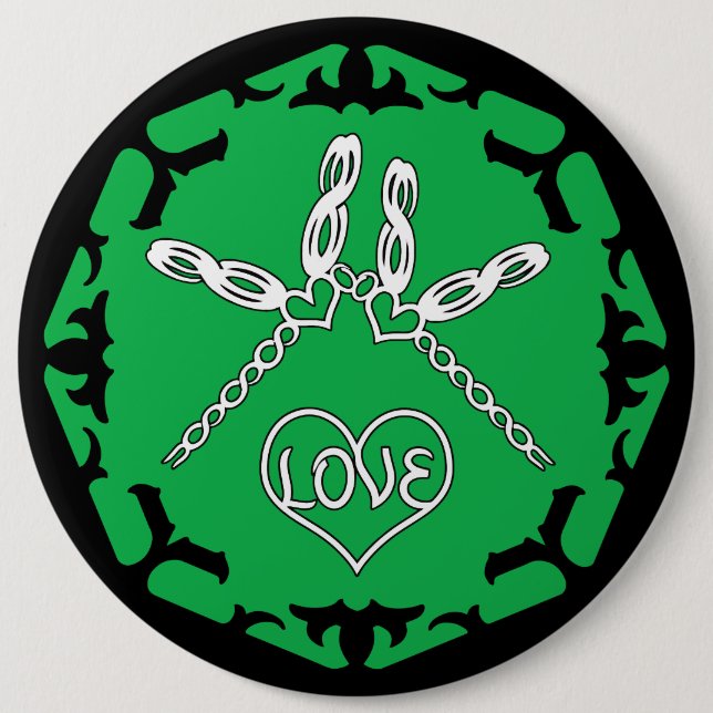 Green Heart Chakra "Love" Dragonfly Design 6 Cm Round Badge (Front)