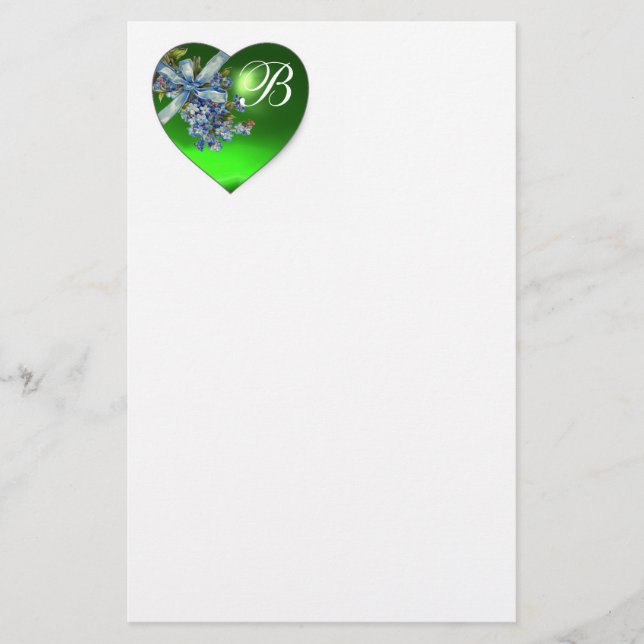 GREEN HEART & FORGET ME NOTS MONOGRAM STATIONERY (Front)