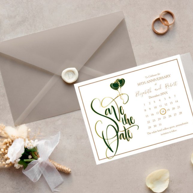 Green Heart Glod 50th Anniversary Save The Date Announcement Postcard (Creator Uploaded)