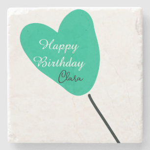 Green heart happy birthday white black balloon kid stone coaster