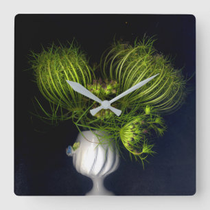 Green heart in black square wall clock