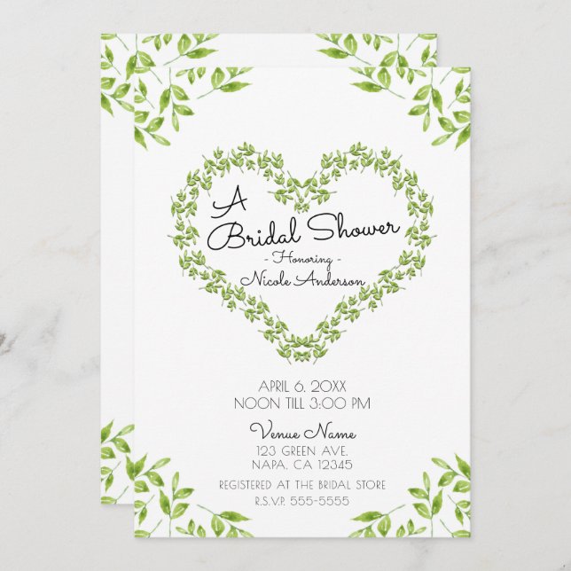 Green Heart Leaves Shabby Chic Bridal Shower Invitation (Front/Back)