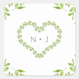 Green Heart Leaves Shabby Chic Greenery Wedding Square Sticker