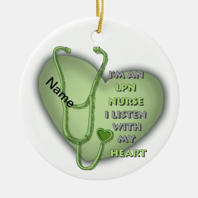 Green Heart LPN Nurse Ceramic Ornament (Front)