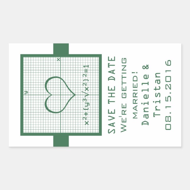 Green Heart Math Graph Save the Date Stickers (Front)
