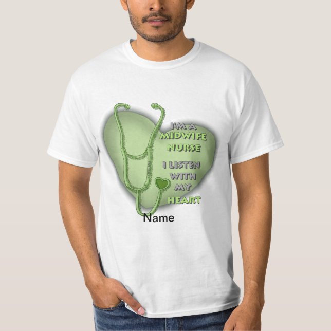 Green Heart Midwife Nurse T-Shirt (Front)