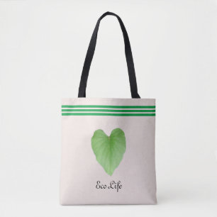 Green Heart Shape Leaf on Beige Tote Bag