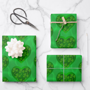 Green Heart with Shamrocks Wrapping Paper Sheet