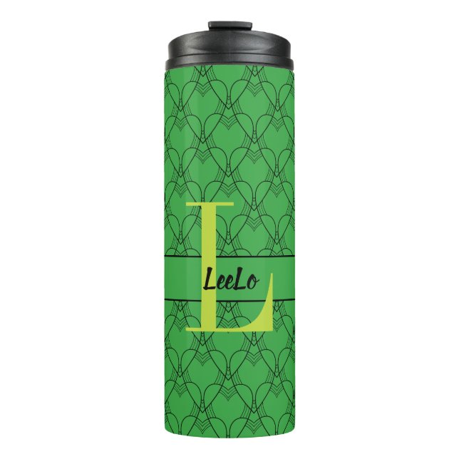 Green Hearts Custom Monogram and Name Thermal Tumbler (Front)