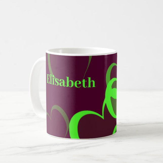 green hearts in purple coffee mug (Front Left)