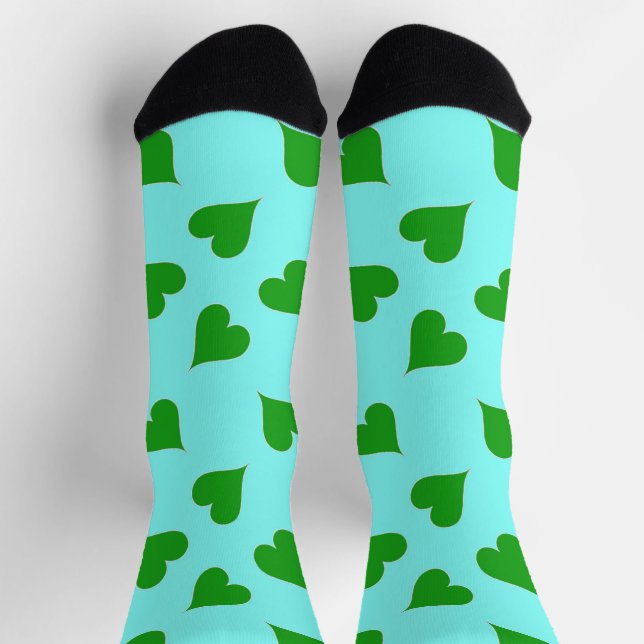 Green hearts pattern on blue socks (Top)