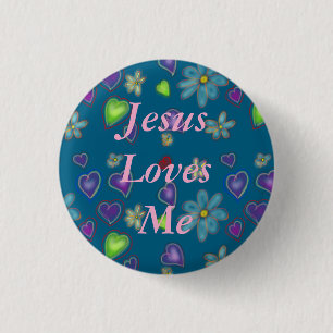 Green Hearts White Flowers Jesus Loves Me Blue  3 Cm Round Badge