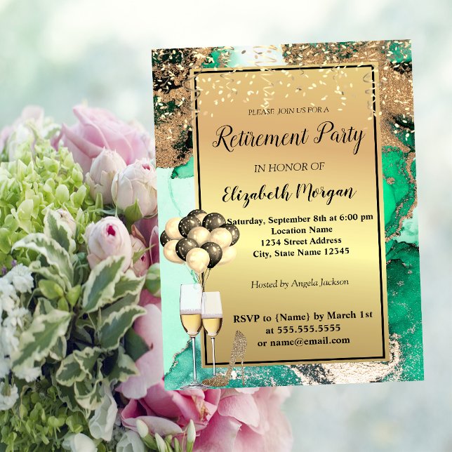 Green Heels,Balloons,Gree Marble Retirement Invitation (Creator Uploaded)