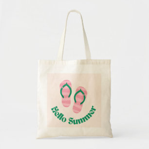 Green Hello Summer Pink Flip Flops Slippers Beach Tote Bag