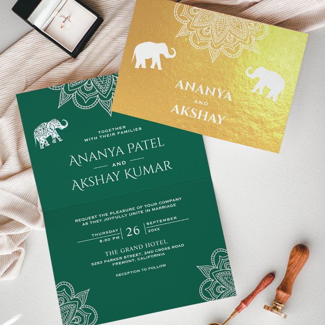 Green Henna Elephant Indian Wedding Gold Foil Card (Creator Uploaded)