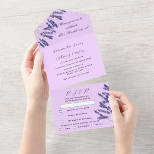 Green Herbs Watercolor Purple Lavender Wedding   All In One Invitation