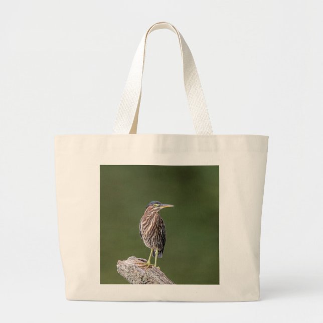 Green Heron on a log Large Tote Bag (Front)