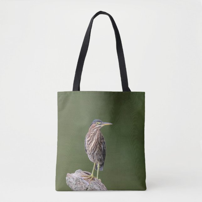 Green Heron on a log Tote Bag (Front)