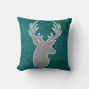 Green Herringbone Grey Deer Monogram Pillow