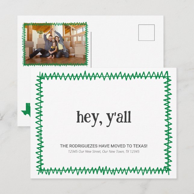 Green Hey Y'all - Moved to Texas Postcard (Front/Back)
