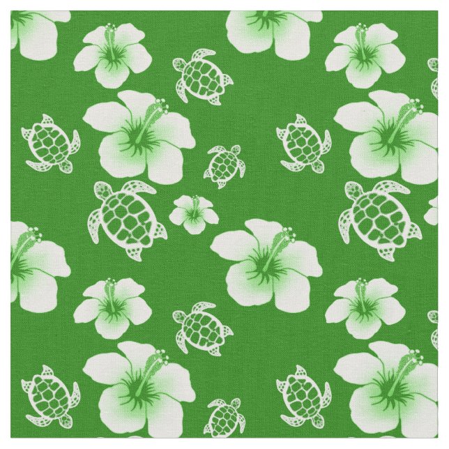 Green Hibiscus Honu Hawaiian Fabric (Close Up)