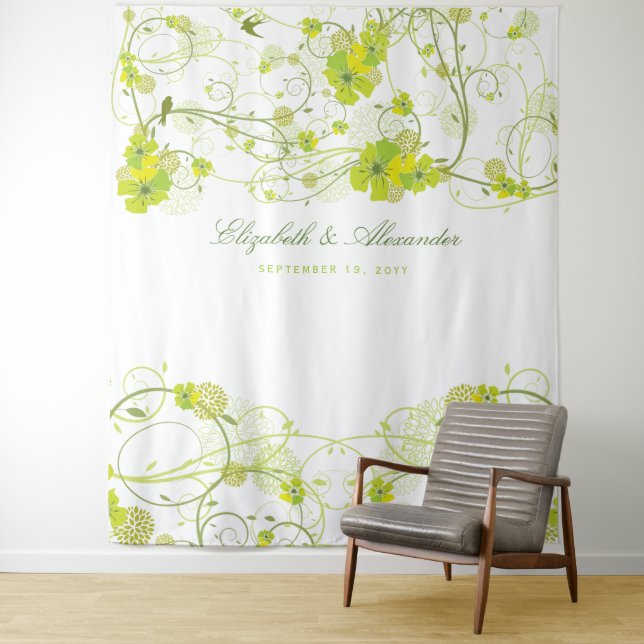 Green Hibiscus & Swallows Floral Wedding Backdrop Tapestry (In Situ)