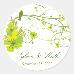Green Hibiscus Swirls & Swallows Floral Wedding Classic Round Sticker