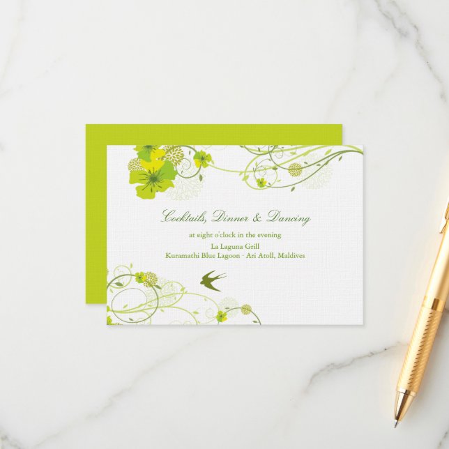 Green Hibiscus Swirls & Swallows Floral Wedding Enclosure Card (Front/Back In Situ)