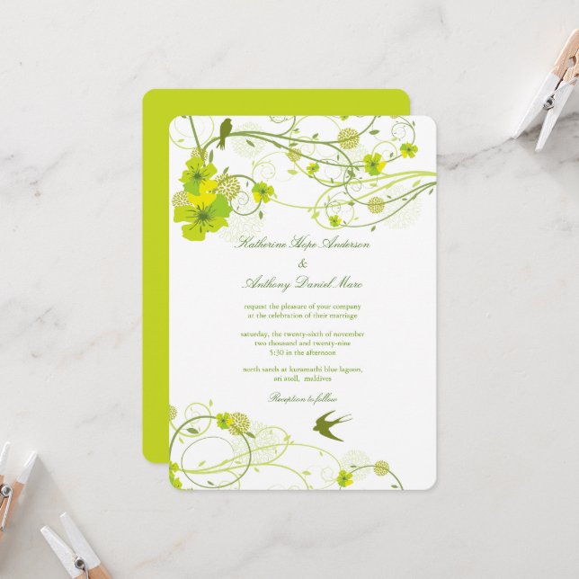 Green Hibiscus Swirls & Swallows Floral Wedding Invitation (Front/Back In Situ)