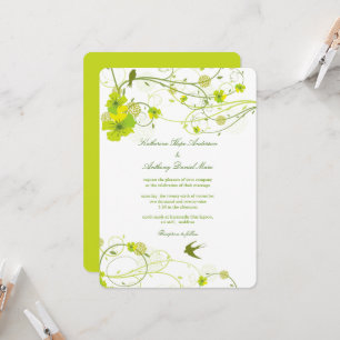 Green Hibiscus Swirls & Swallows Floral Wedding Invitation